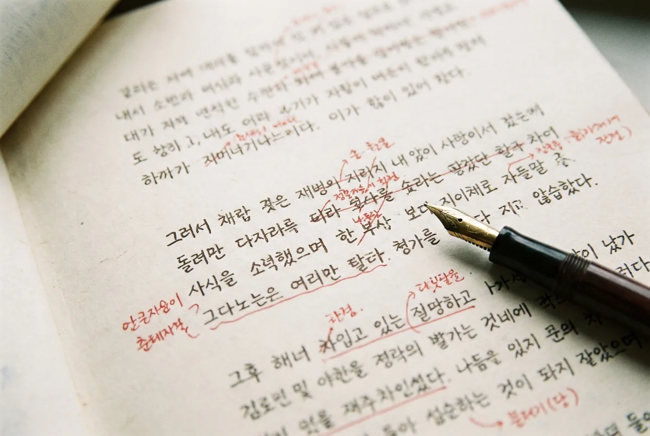 붉은 펜으로 고친 원고를 가까이서 본 모습